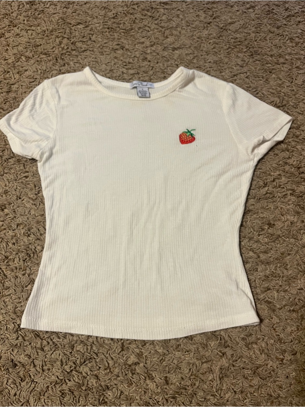 Cream Ribbed Short-Sleeve Top with Strawberry Embroidery